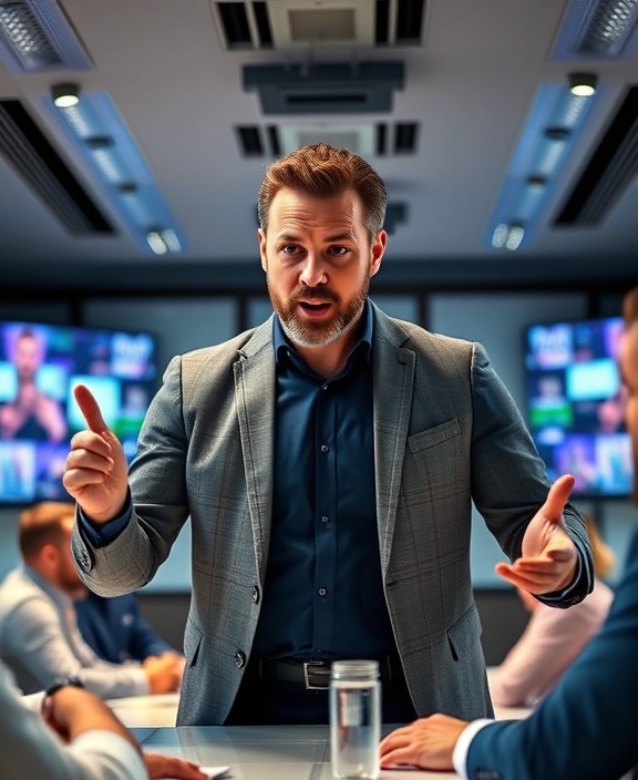 energetic empowerment leader, focused expression, leading a team meeting, photorealistic, modern conference room with digital screens, highly detailed, hand gestures conveying ideas, super resolution, rich colors, overhead lighting, shot with a 35mm lens.