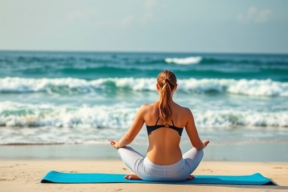 colorful yoga visuals, engaging, demonstrating breathing techniques, photorealistic, beach scenery with waves in the background, highly detailed, dynamic text overlays, crisp clarity, vibrant oceanic hues, soft backlighting, shot with a telephoto lens