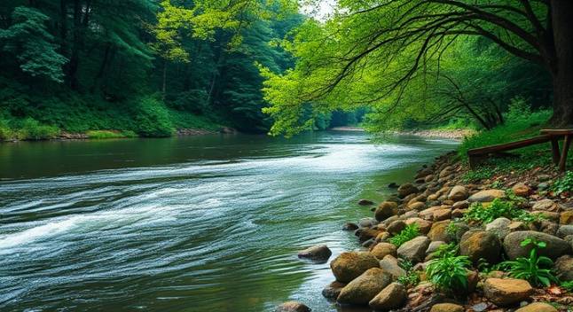harmonious transformative wellness, content expression, immersing in nature, photorealistic, by a peaceful riverside, highly detailed, water gently flowing, rich greens, diffuse midday light, shot with a portrait lens